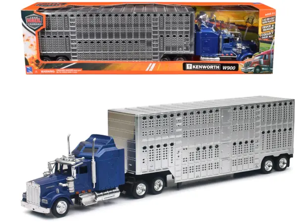 Kenworth W900 Truck Blue with Potbelly Livestock Trailer Chrome "Long Haul Truckers" Series 1/43 Diecast Model by New Ray #1