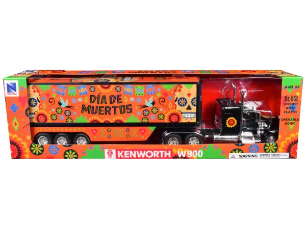 Kenworth W900 Truck Black with Graphics and Dry Van Trailer "Dia De Muertos" 1/32 Diecast Model by New Ray #3