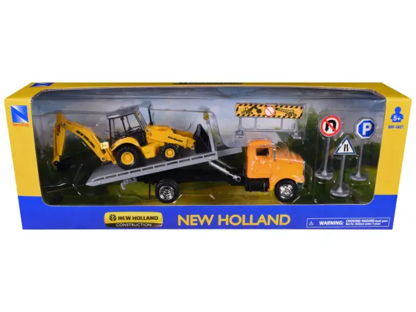 Peterbilt 335 Roll-Off Flatbed Truck and New Holland B110C Backhoe Loader with Street Signs "New Holland Construction" Diecast Models by New Ray #1