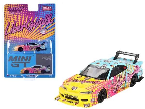 Nissan "LB-Super Silhouette" S15 SILVIA RHD (Right Hand Drive) Yellow and Blue with Pink Graphics "LBWK KUMA" Limited Edition 1/64 Diecast Model Car by Mini GT #1