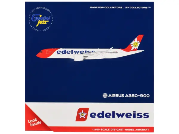 Airbus A350-900 Commercial Aircraft with Flaps Down Configuration "Edelweiss Air" (HB-IHC) White with Red Tail 1/400 Diecast Model Airplane by GeminiJets #3