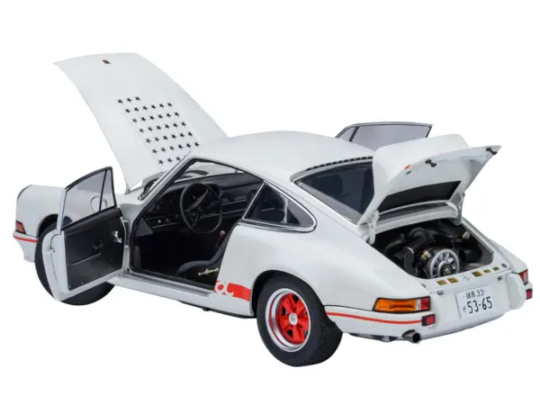 Porsche 911 Carrera 2.7 RS "The Circuit Wolf" White with Red Stripes and Wheels with Hood Graphics 1/18 Model Car by Autoart #2