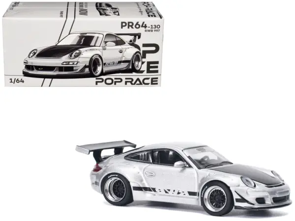 RWB 997 Silver Metallic with Black Stripes and Hood 1/64 Diecast Model Car by Pop Race #1