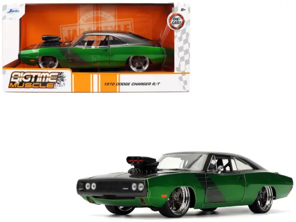 1970 Dodge Charger R/T Dark Gray Metallic and Green Metallic with Dark Gray Stripes "Bigtime Muscle" Series 1/24 Diecast Model Car by Jada #1