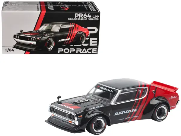 Skyline KPGC110 "Kenmeri" RHD (Right Hand Drive) "ADVAN" Black and Red 1/64 Diecast Model Car by Pop Race #1