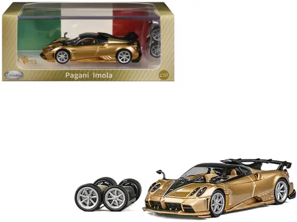 Pagani Imola Gold Carbon Metallic with Black Carbon Top with Extra Wheels 1/64 Diecast Model Car by CM Model #1