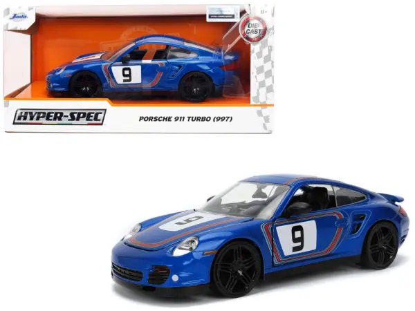 Porsche 911 Turbo (997) #9 Blue Metallic with Stripes "Hyper-Spec" Series 1/24 Diecast Model Car by Jada #1