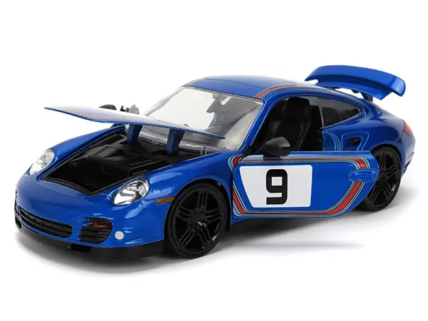 Porsche 911 Turbo (997) #9 Blue Metallic with Stripes "Hyper-Spec" Series 1/24 Diecast Model Car by Jada #2