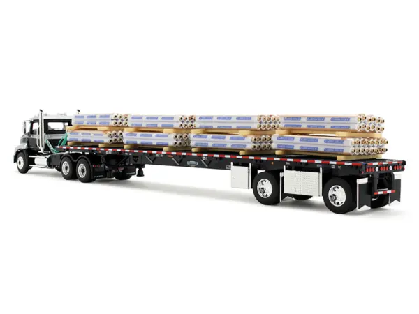 Mack Pinnacle Day Cab with Minimizer Parts & 53' Wilson Roadbrute Flatbed Trailer with "Carlisle Roofing" Loaded Pallets Black with Silver Top and Stripes 1/64 Diecast Model by DCP/First Gear #3