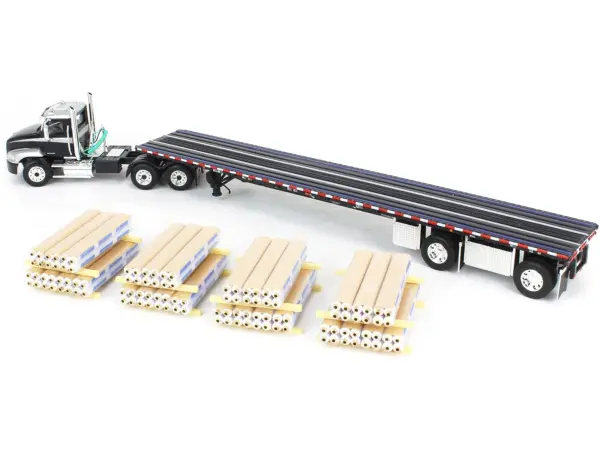 Mack Pinnacle Day Cab with Minimizer Parts & 53' Wilson Roadbrute Flatbed Trailer with "Carlisle Roofing" Loaded Pallets Black with Silver Top and Stripes 1/64 Diecast Model by DCP/First Gear #4