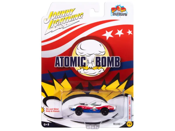 1969 Chevrolet Corvette "Atomic Bomb" White with Red and Blue Graphics "Stuntman Mike's Ride Along Racing" "Pop Culture" 2025 Release 1 1/64 Diecast Model Car by Johnny Lightning #3