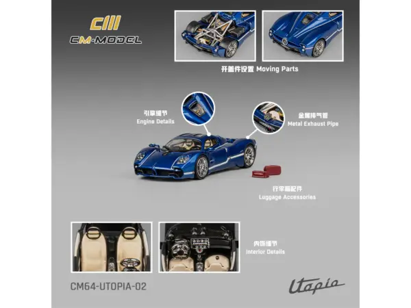 Pagani Utopia Blue Metallic with White Stripes 1/64 Diecast Model Car by CM Model #5