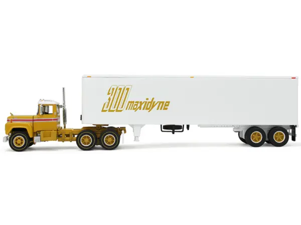 Mack R-Model Day Cab and 40' Vintage Trailer Yellow with Red Stripes and White Top "Mack Anniversary" 1/64 Diecast Model by DCP/First Gear #2