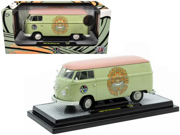 1960 Volkswagen Delivery Van "Maui & Sons" Light Olive Green with Salmon Top Limited Edition to 6650 pieces Worldwide 1/24 Diecast Model Car by M2 Machines #1