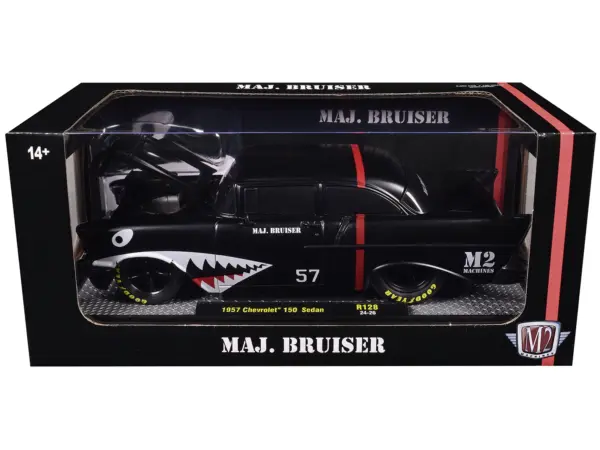 1957 Chevrolet 150 Sedan "Maj. Bruiser" Matt Black with Red Stripe and Shark Mouth Graphics Limited Edition to 6650 pieces Worldwide 1/24 Diecast Model Car by M2 Machines #3