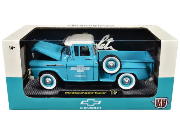 1958 Chevrolet Apache Stepside Pickup Truck "Chevrolet Service" Light Blue with White Top Limited Edition to 6650 pieces Worldwide 1/24 Diecast Model Car by M2 Machines #3
