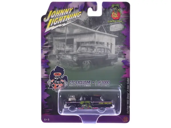 1955 Chevrolet 2-Door Sedan "Rat Fink Racing" Black with Graphics "CTC Exclusive" Series Limited Edition to 3000 pieces Worldwide 1/64 Diecast Model Car by Johnny Lightning #1