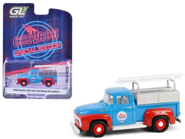 1956 Ford F-100 Pickup Truck with Tool Boxes and Ladders "Chevron" Blue and Red "Chevron Special Edition" Series 1 1/64 Diecast Model Car by Greenlight #1