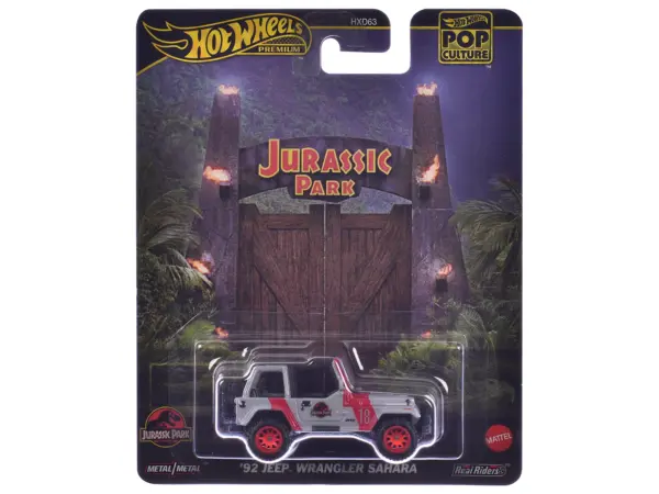 1992 Jeep Wrangler Sahara Gray with Red Stripes "Jurassic Park" (1993) Movie "Pop Culture" Series Diecast Model Car by Hot Wheels #1
