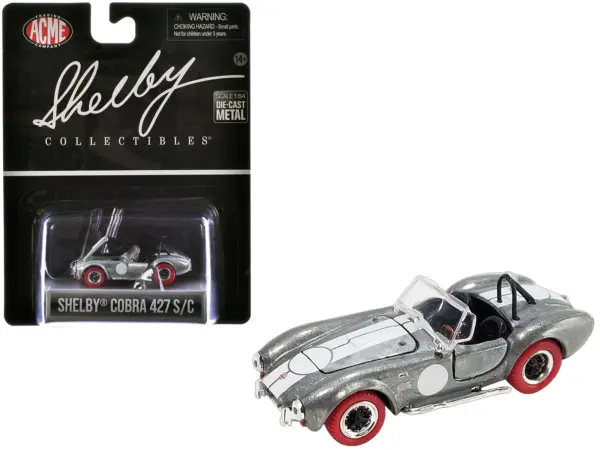 Shelby Cobra 427 S/C Raw Metal with White Stripes and Red Tires "Shelby Collectibles" Series 1/64 Diecast Model Car by ACME #1