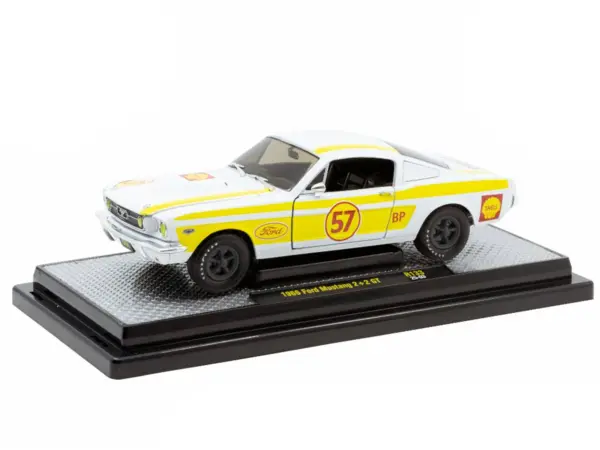 1966 Ford Mustang 2+2 GT #57 "Shell Oil" White with Yellow Stripes Limited Edition to 5650 pieces Worldwide 1/24 Diecast Model Car by M2 Machines #2