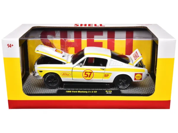 1966 Ford Mustang 2+2 GT #57 "Shell Oil" White with Yellow Stripes Limited Edition to 5650 pieces Worldwide 1/24 Diecast Model Car by M2 Machines #3