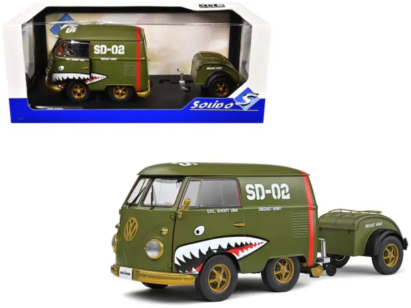1950 Volkswagen Kool Kombi Van with Trailer "Army Fighter" Green with Graphics 1/18 Diecast Model Car by Solido #1