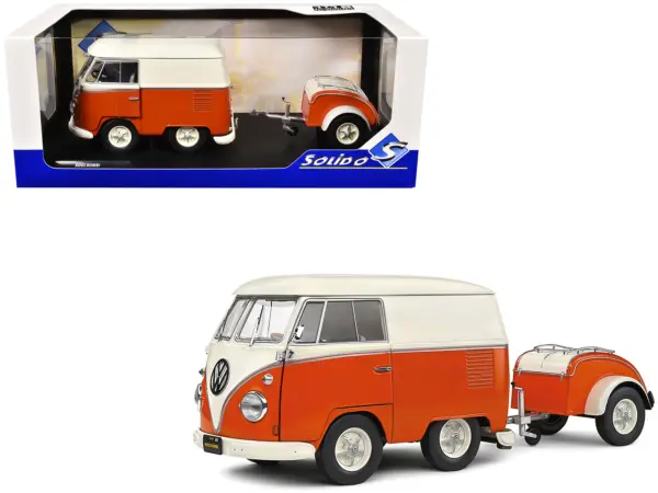 1950 Volkswagen Kool Kombi Van with Trailer Orange and White 1/18 Diecast Model Car by Solido #1