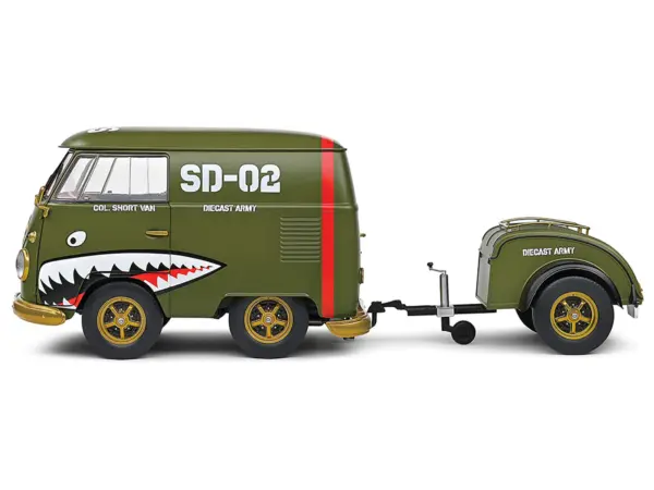 1950 Volkswagen Kool Kombi Van with Trailer "Army Fighter" Green with Graphics 1/18 Diecast Model Car by Solido #3