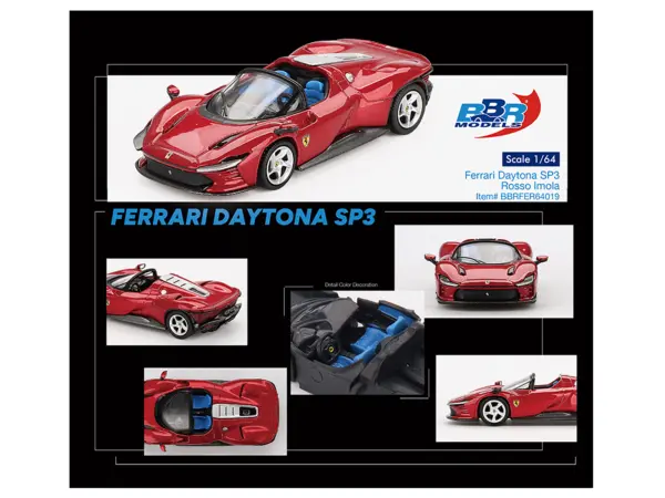 Ferrari Daytona SP3 Rosso Imola Red with Blue Interior 1/64 Diecast Model Car by BBR #3