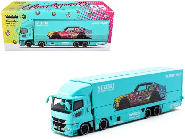Mitsubishi Fuso Truck with Transporter "Liberty Walk - Suzuki Transport" Light Blue with Graphics "Truck64" Series 1/64 Diecast Model Car by Tarmac Works #1