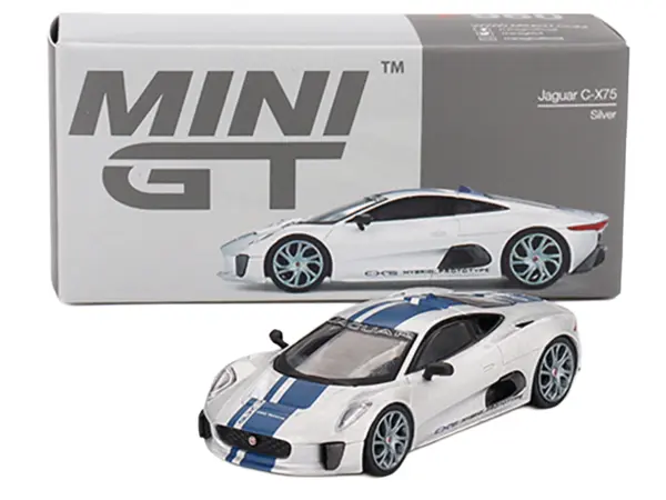 Jaguar C-X75 Silver Metallic with Blue Stripes Limited Edition 1/64 Diecast Model Car by Mini GT #4