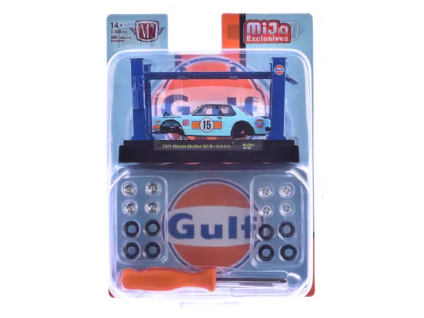 1971 Nissan Skyline GT-R RHD (Right Hand Drive) #15 "Gulf Oil" Light Blue and Orange "Auto-Lifts" Series Limited Edition to 3300 pieces Worldwide 1/64 Diecast Model Car by M2 Machines #3