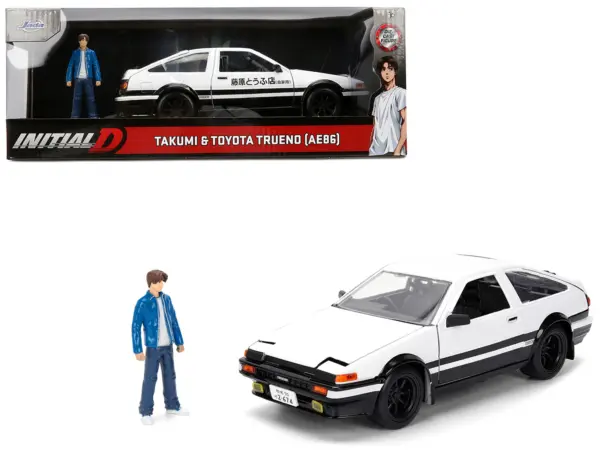 Toyota Trueno (AE86) RHD (Right Hand Drive) White and Black with Graphics and Takumi Diecast Figure "Initial D" (1998-2021) TV Series "Anime Hollywood Rides" Series 1/24 Diecast Model by Jada #1