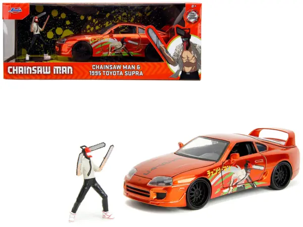 1995 Toyota Supra Orange Metallic with Graphics and Chainsaw Man Diecast Figure "Chainsaw Man" (2022) TV Series "Anime Hollywood Rides" Series 1/24 Diecast Model by Jada #1
