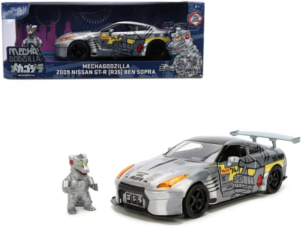 2009 Nissan GT-R (R35) Ben Sopra Brushed Metal with Black Top and Graphics and Mechagodzilla Diecast Figure "Godzilla" Franchise "Anime Hollywood Rides" Series 1/24 Diecast Model by Jada #1