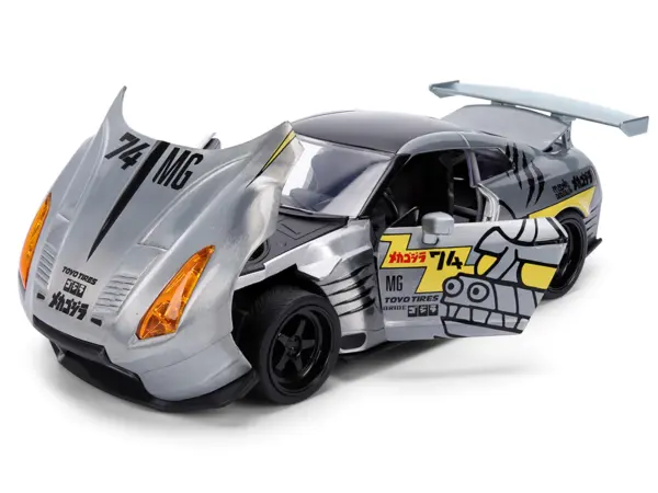 2009 Nissan GT-R (R35) Ben Sopra Brushed Metal with Black Top and Graphics and Mechagodzilla Diecast Figure "Godzilla" Franchise "Anime Hollywood Rides" Series 1/24 Diecast Model by Jada #2