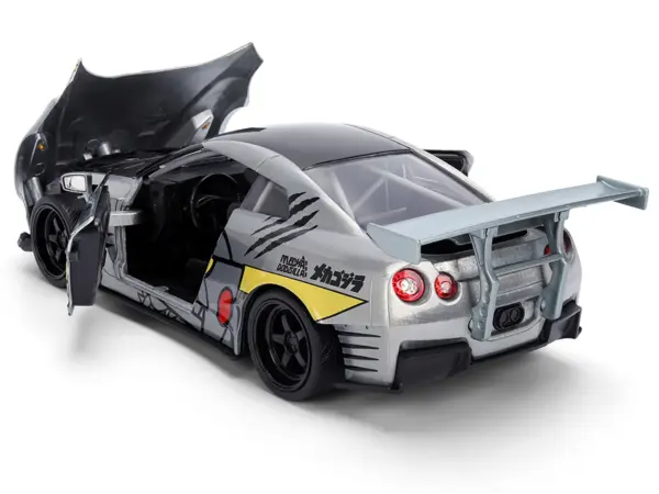 2009 Nissan GT-R (R35) Ben Sopra Brushed Metal with Black Top and Graphics and Mechagodzilla Diecast Figure "Godzilla" Franchise "Anime Hollywood Rides" Series 1/24 Diecast Model by Jada #4