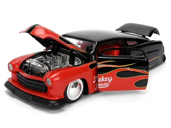 1951 Mercury Coupe Black with Flame Graphics and Red Interior and Mickey Mouse Diecast Figure "Disney's Mickey Mouse" "Hollywood Rides" Series 1/24 Diecast Model Car by Jada #3