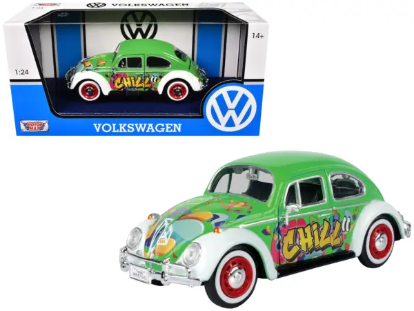 1966 Volkswagen Beetle Green with Graffiti Graphics 1/24 Diecast Model Car by Motormax #1