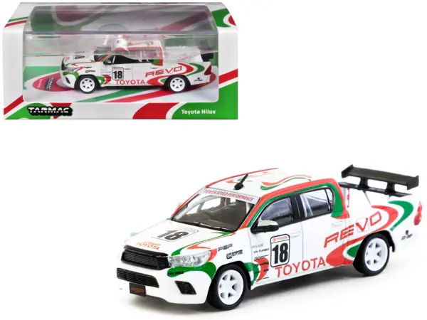 Toyota Hilux Pickup Truck RHD (Right Hand Drive) #18 White with Red and Green Graphics "Hobby64" Series 1/64 Diecast Model Car by Tarmac Works #1