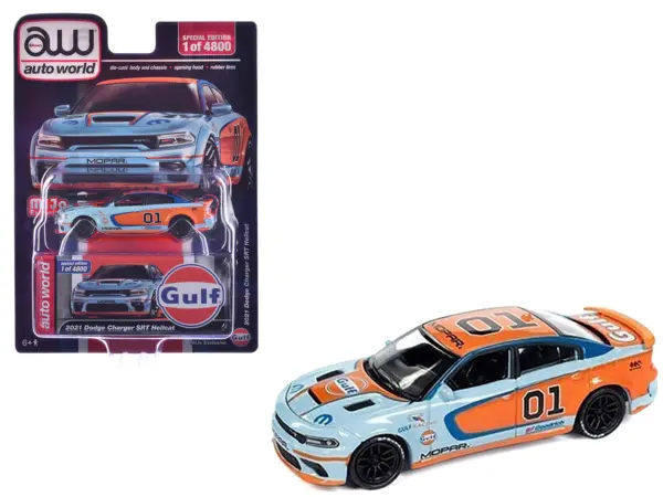 2021 Dodge Charger SRT Hellcat #01 "Gulf Oil-MOPAR" Light Blue and Orange Limited Edition to 4800 pieces Worldwide 1/64 Diecast Model Car by Auto World #1