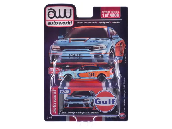 2021 Dodge Charger SRT Hellcat #01 "Gulf Oil-MOPAR" Light Blue and Orange Limited Edition to 4800 pieces Worldwide 1/64 Diecast Model Car by Auto World #3
