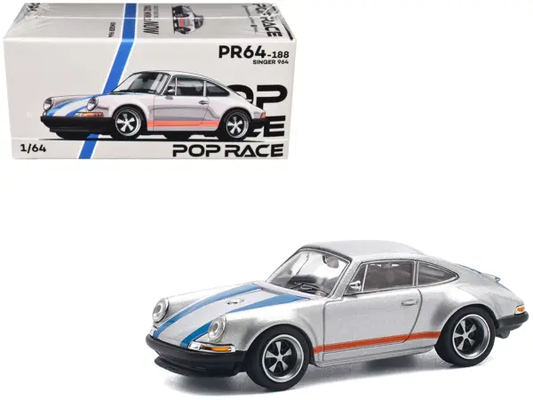 Singer 964 Silver Metallic with Blue and Red Stripes 1/64 Diecast Model Car by Pop Race #1