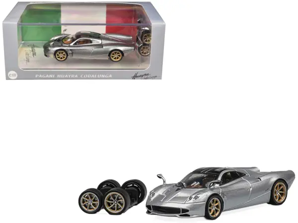 Pagani Huayra Codalunga Silver Metallic with Sunroof and Extra Wheels 1/64 Diecast Model Car by CM Model #1