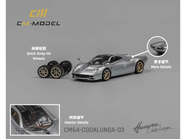 Pagani Huayra Codalunga Silver Metallic with Sunroof and Extra Wheels 1/64 Diecast Model Car by CM Model #4