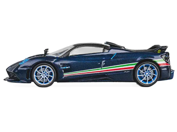 Pagani Huayra Tricolore Blue Carbon Metallic with Black Carbon Top and Italian Flag Stripes 1/64 Diecast Model Car by CM Model #2