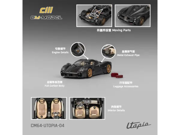 Pagani Utopia Full Carbon with Gold Wheels 1/64 Diecast Model Car by CM Model #5