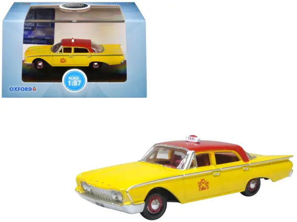 1960 Ford Fairlane Sedan "NYC Taxi" Yellow with Red Top and Interior 1/87 (HO) Scale Diecast Model Car by Oxford Diecast #1