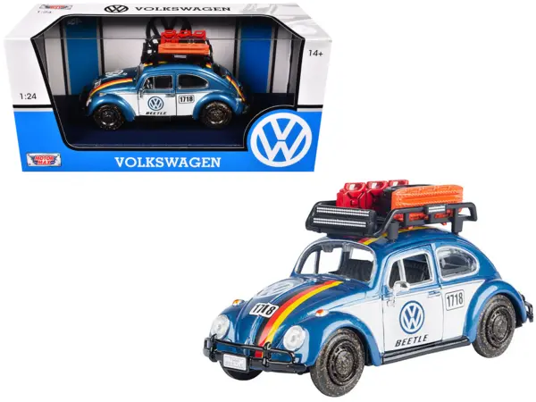 1966 Volkswagen Beetle Off Road #1718 Blue Metallic and White with German Flag Stripes and Roof Rack Accessories 1/24 Diecast Model Car by Motormax #1